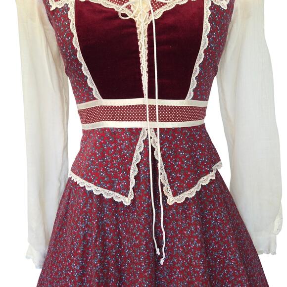 Gunne Sax Peplum Midi Dress Size 9 Burgundy Floral Calico Velvet Corset 70s VTG - Picture 4 of 10